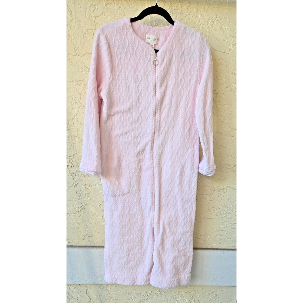 Laura Ashley Plush Cable Ring Zip Front Robe Housecoat S/M Retro Midi Lounge